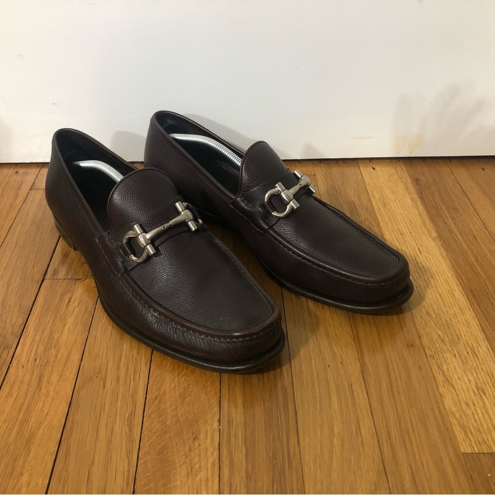 Ferragamo double gancini horseshoe buckle black Calf skin loafers shoes 10.5 EE